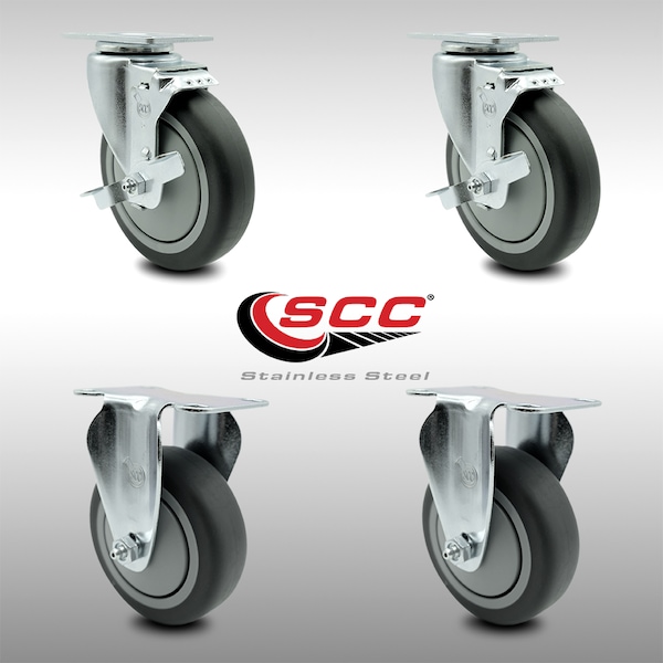 5 Inch SS Thermoplastic Rubber Wheel Top Plate Caster Set with 2 Brake 2 Rigid